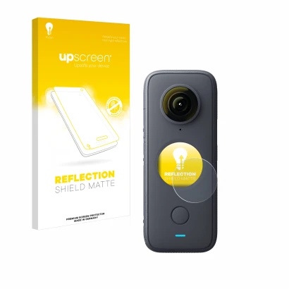 Parte frontale di una confezione del prodotto con il logo del marchio upscreen. Accanto è raffigurato il dispositivo Insta360 