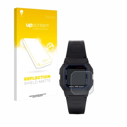 Parte frontale di una confezione del prodotto con il logo del marchio upscreen. Accanto è raffigurato il dispositivo Casio W-8