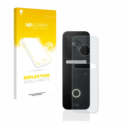 Parte frontale di una confezione del prodotto con il logo del marchio upscreen. Accanto è raffigurato il dispositivo Logitech