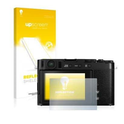 Parte frontale di una confezione del prodotto con il logo del marchio upscreen. Accanto è raffigurato il dispositivo Fujifilm