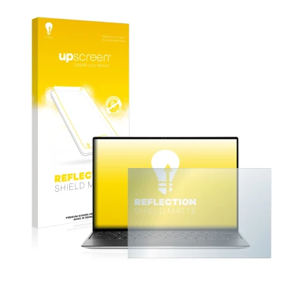 Parte frontale di una confezione del prodotto con il logo del marchio upscreen. Accanto è raffigurato il dispositivo Dell XPS