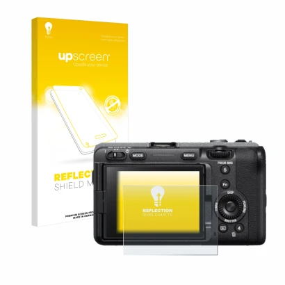 Parte frontale di una confezione del prodotto con il logo del marchio upscreen. Accanto è raffigurato il dispositivo Sony FX3