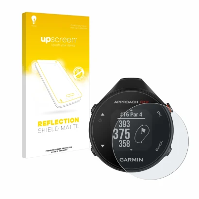 Parte frontale di una confezione del prodotto con il logo del marchio upscreen. Accanto è raffigurato il dispositivo Garmin Ap