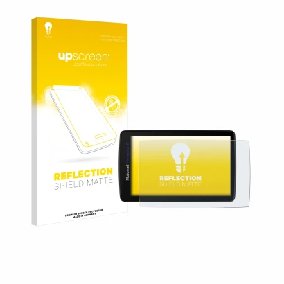 Parte frontale di una confezione del prodotto con il logo del marchio upscreen. Accanto è raffigurato il dispositivo BMW Navig