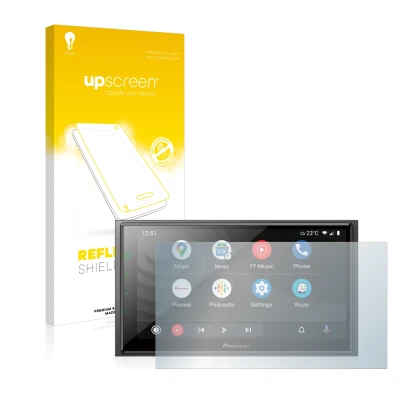 Parte frontale di una confezione del prodotto con il logo del marchio upscreen. Accanto è raffigurato il dispositivo Pioneer S