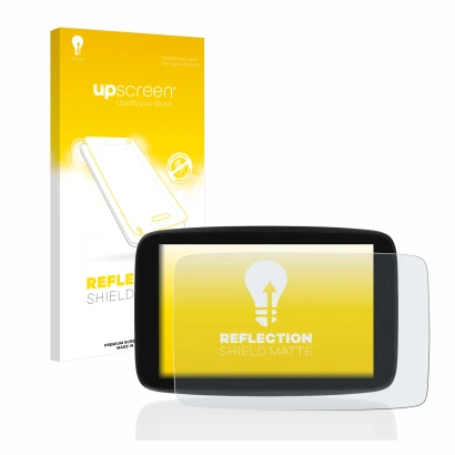Parte frontale di una confezione del prodotto con il logo del marchio upscreen. Accanto è raffigurato il dispositivo TomTom Go
