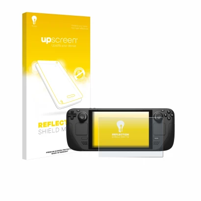 Parte frontale di una confezione del prodotto con il logo del marchio upscreen. Accanto è raffigurato il dispositivo Valve Ste