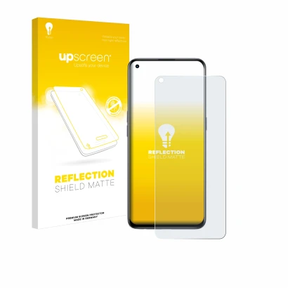 Parte frontale di una confezione del prodotto con il logo del marchio upscreen. Accanto è raffigurato il dispositivo realme GT