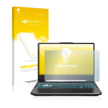 Parte frontale di una confezione del prodotto con il logo del marchio upscreen. Accanto è raffigurato il dispositivo ASUS TUF