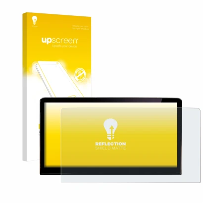 Parte frontale di una confezione del prodotto con il logo del marchio upscreen. Accanto è raffigurato il dispositivo Skoda Eny