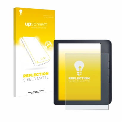 Parte frontale di una confezione del prodotto con il logo del marchio upscreen. Accanto è raffigurato il dispositivo Kobo Libr