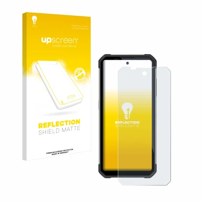 Parte frontale di una confezione del prodotto con il logo del marchio upscreen. Accanto è raffigurato il dispositivo Oukitel W