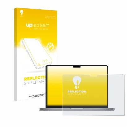 Parte frontale di una confezione del prodotto con il logo del marchio upscreen. Accanto è raffigurato il dispositivo Apple Mac