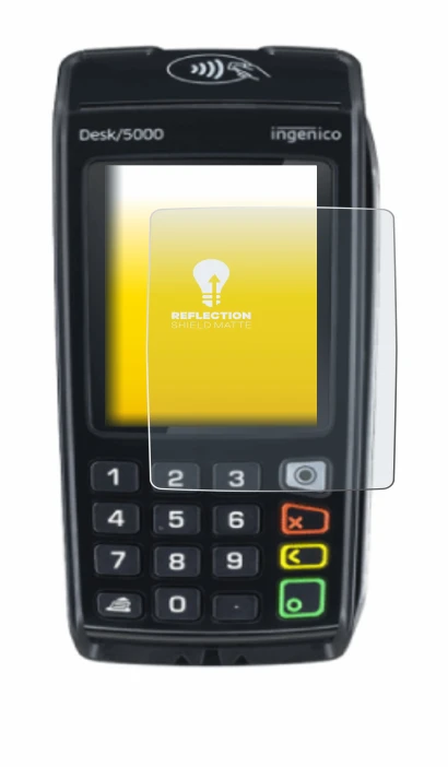 Immagine del dispositivo ingenico Desk/5000 con un'ampia varietà di protezioni per lo schermo.