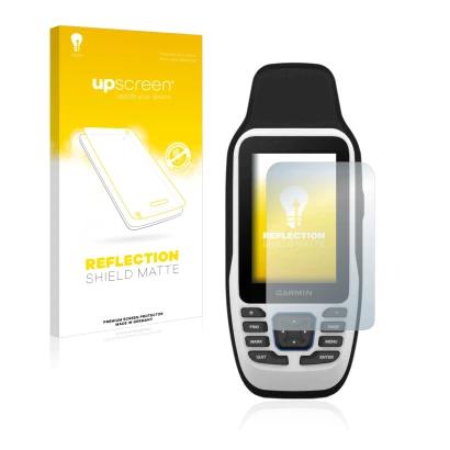 Parte frontale di una confezione del prodotto con il logo del marchio upscreen. Accanto è raffigurato il dispositivo Garmin GP