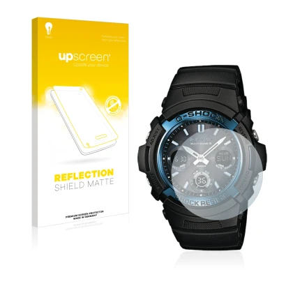 Parte frontale di una confezione del prodotto con il logo del marchio upscreen. Accanto è raffigurato il dispositivo Casio AWG