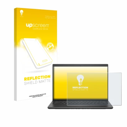 Parte frontale di una confezione del prodotto con il logo del marchio upscreen. Accanto è raffigurato il dispositivo Dell Lati