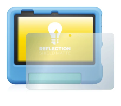 Immagine del dispositivo Amazon Fire 7 Kids 2022 con un'ampia varietà di protezioni per lo schermo.