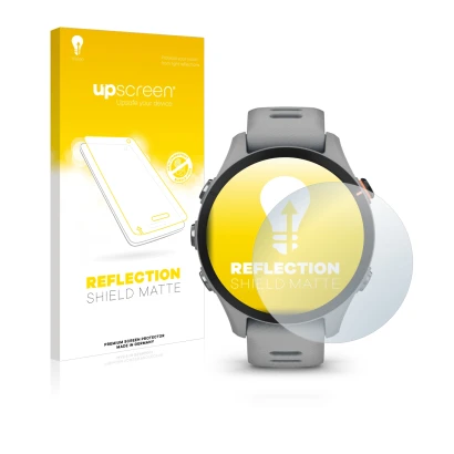 Parte frontale di una confezione del prodotto con il logo del marchio upscreen. Accanto è raffigurato il dispositivo Garmin Fo