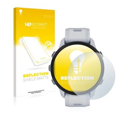 Parte frontale di una confezione del prodotto con il logo del marchio upscreen. Accanto è raffigurato il dispositivo Garmin Fo