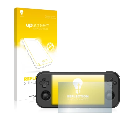 Parte frontale di una confezione del prodotto con il logo del marchio upscreen. Accanto è raffigurato il dispositivo Retroid P