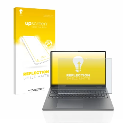 Parte frontale di una confezione del prodotto con il logo del marchio upscreen. Accanto è raffigurato il dispositivo Lenovo Yo