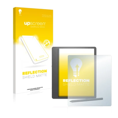 Parte frontale di una confezione del prodotto con il logo del marchio upscreen. Accanto è raffigurato il dispositivo Amazon Ki