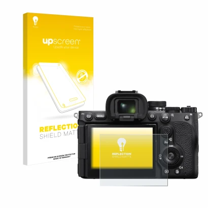 Parte frontale di una confezione del prodotto con il logo del marchio upscreen. Accanto è raffigurato il dispositivo Sony Alph