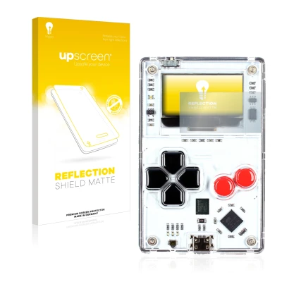 Parte frontale di una confezione del prodotto con il logo del marchio upscreen. Accanto è raffigurato il dispositivo Arduboy F