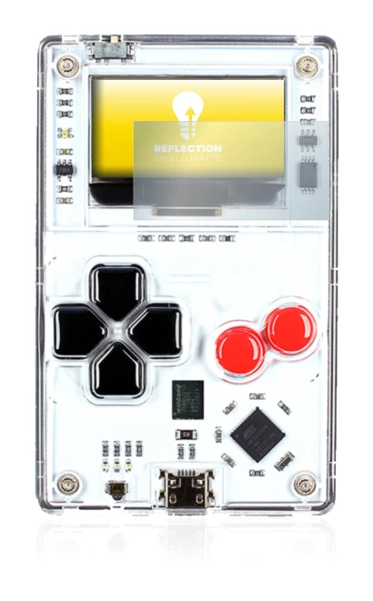 Immagine del dispositivo Arduboy FX con un'ampia varietà di protezioni per lo schermo.