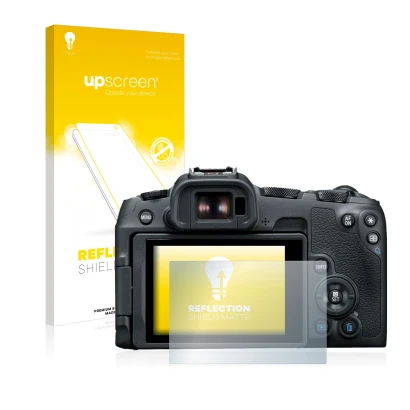 Parte frontale di una confezione del prodotto con il logo del marchio upscreen. Accanto è raffigurato il dispositivo Canon EOS