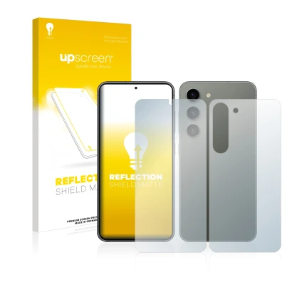 Parte frontale di una confezione del prodotto con il logo del marchio upscreen. Accanto è raffigurato il dispositivo Samsung G