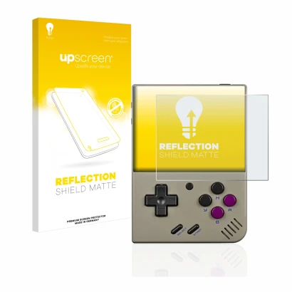 Parte frontale di una confezione del prodotto con il logo del marchio upscreen. Accanto è raffigurato il dispositivo Miyoo Min