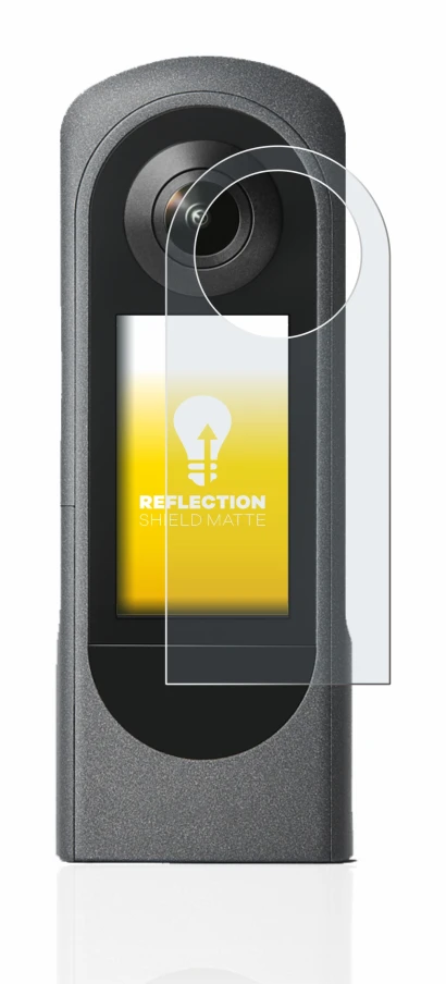 Immagine del dispositivo Ricoh Theta X con un'ampia varietà di protezioni per lo schermo.