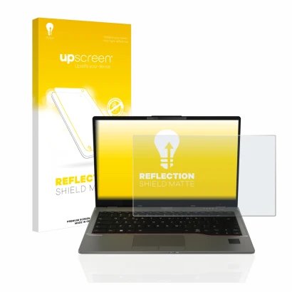 Parte frontale di una confezione del prodotto con il logo del marchio upscreen. Accanto è raffigurato il dispositivo Fujitsu L