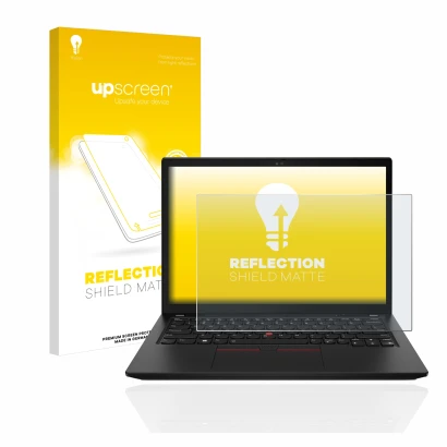 Parte frontale di una confezione del prodotto con il logo del marchio upscreen. Accanto è raffigurato il dispositivo Lenovo Th