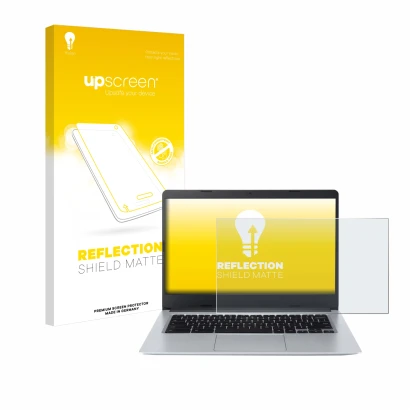 Parte frontale di una confezione del prodotto con il logo del marchio upscreen. Accanto è raffigurato il dispositivo Acer Chro