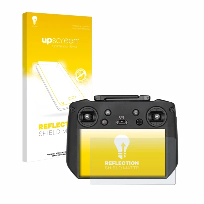 Parte frontale di una confezione del prodotto con il logo del marchio upscreen. Accanto è raffigurato il dispositivo DJI Mavic