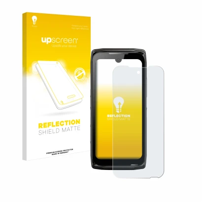 Parte frontale di una confezione del prodotto con il logo del marchio upscreen. Accanto è raffigurato il dispositivo Crosscall