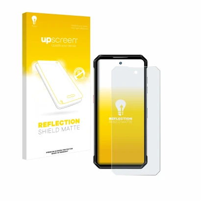 Parte frontale di una confezione del prodotto con il logo del marchio upscreen. Accanto è raffigurato il dispositivo Oukitel W