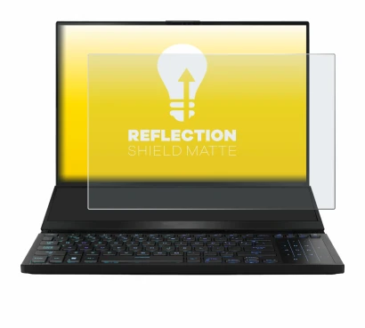 Immagine del dispositivo ASUS ROG Zephyrus Duo 16 2023 con un'ampia varietà di protezioni per lo schermo.