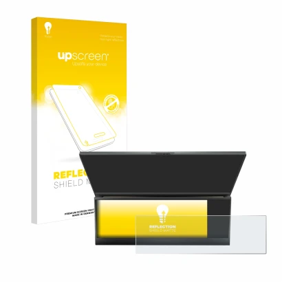 Parte frontale di una confezione del prodotto con il logo del marchio upscreen. Accanto è raffigurato il dispositivo ASUS ROG