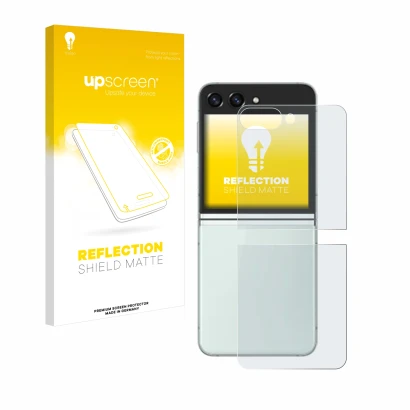 Parte frontale di una confezione del prodotto con il logo del marchio upscreen. Accanto è raffigurato il dispositivo Samsung G