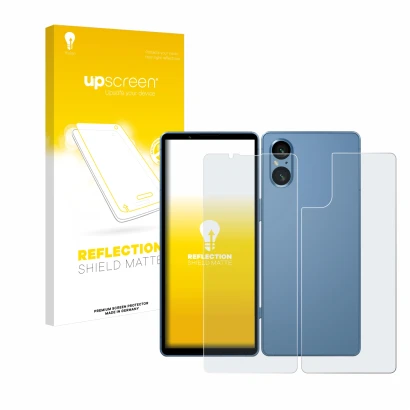 Parte frontale di una confezione del prodotto con il logo del marchio upscreen. Accanto è raffigurato il dispositivo Sony Xper