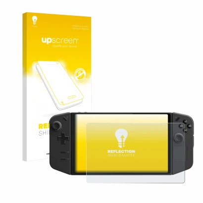 Parte frontale di una confezione del prodotto con il logo del marchio upscreen. Accanto è raffigurato il dispositivo Lenovo Le