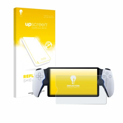 Parte frontale di una confezione del prodotto con il logo del marchio upscreen. Accanto è raffigurato il dispositivo Sony Play