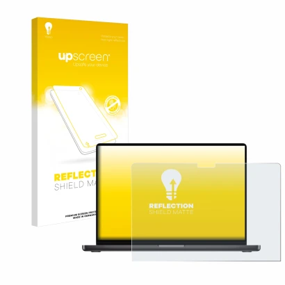 Parte frontale di una confezione del prodotto con il logo del marchio upscreen. Accanto è raffigurato il dispositivo Apple Mac