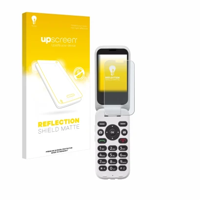 Parte frontale di una confezione del prodotto con il logo del marchio upscreen. Accanto è raffigurato il dispositivo Doro 6820