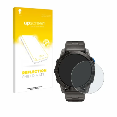 Parte frontale di una confezione del prodotto con il logo del marchio upscreen. Accanto è raffigurato il dispositivo Garmin D2