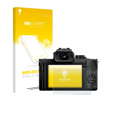 Parte frontale di una confezione del prodotto con il logo del marchio upscreen. Accanto è raffigurato il dispositivo Panasonic